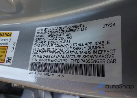 2024 Honda Accord Lx from USA, damaged, VIN 1HGCY1F25RA076150